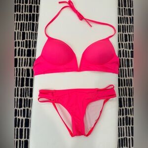 PINK Victoria's Secret Neon Pink Padded Triangle Bikini Set / Size Medium
